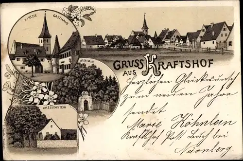 Litho Kraftshof Nürnberg in Mittelfranken Bayern, Kirche, Gasthaus, Irrhain, Kressenstein