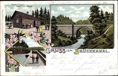 Litho Feucht in Mittelfranken, Gruß vom Brückkanal, Restauration, Kanalbrücke