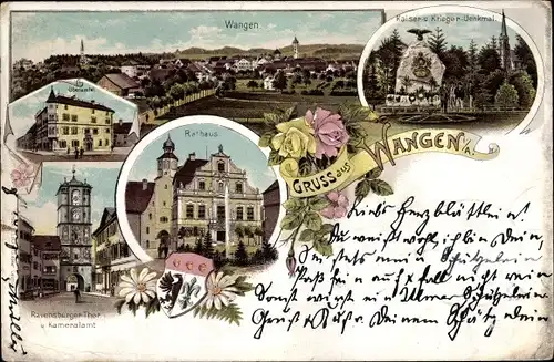 Litho Wangen im Allgäu, Kaiserdenkmal, Rathaus, Ravensburger Tor, Kriegerdenkmal