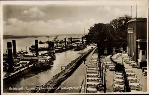 Ak Grünstadt Homberg Duisburg im Ruhrgebiet, Rheingarten Terrasse, Binnenschiffe