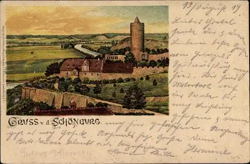 Litho Schönburg an der Saale Burgenlandkreis, Blick auf die Burgruine