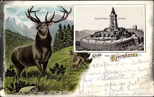 Litho Kyffhäuserland Thüringen, Kaiser Wilhelm Denkmal, Hirsch
