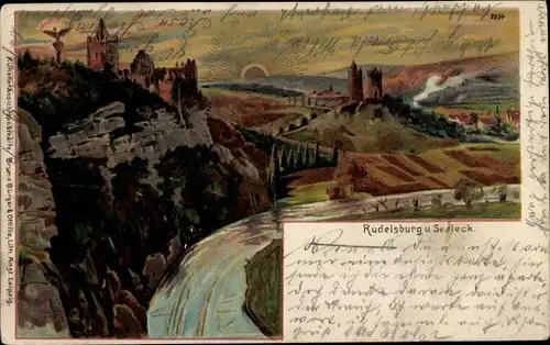 Litho Bad Kösen Naumburg an der Saale, Rudelsburg, Landschaft, Saaleck