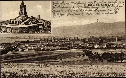 Ak Roßla Südharz am Kyffhäuser, Kaiser Wilhelm Denkmal, Blick auf den Ort