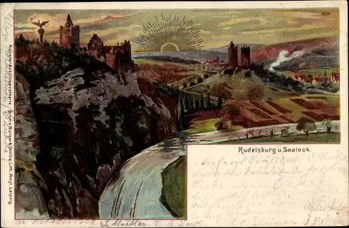 Litho Bad Kösen Naumburg an der Saale, Rudelsburg, Saaleck, Sonnenaufgang