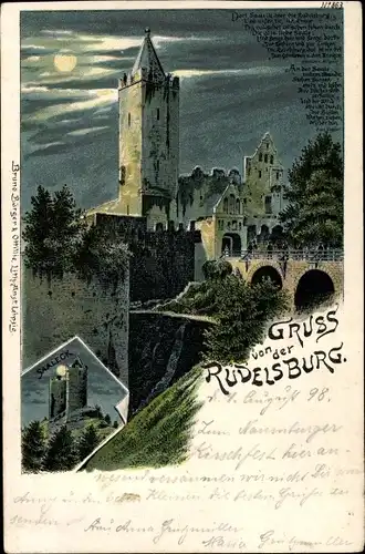 Mondschein Litho Bad Kösen Naumburg Saale, Blick auf die Rudelsburg