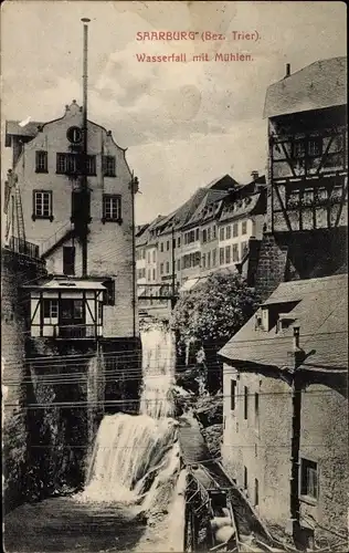 Ak Saarburg an der Saar Bezirk Trier, Wasserfall mit Mühlen