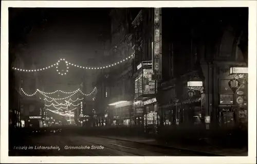 Ak Leipzig in Sachsen, Grimmaische Straße im Lichterschein