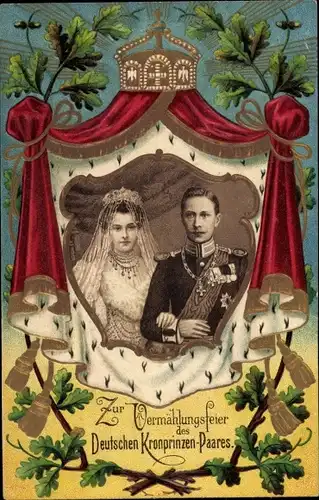 Passepartout Präge Litho Kronprinz Wilhelm, Kronprinzessin Cecilie, Hochzeit