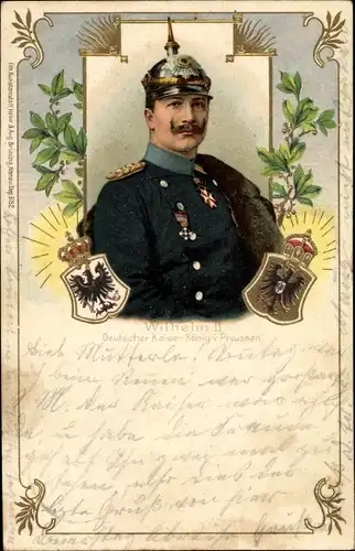 Litho Kaiser Wilhelm II., Wappen, Pickelhaube
