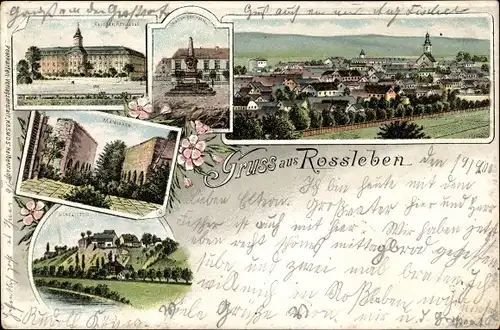 Litho Roßleben Wiehe im Kyffhäuserkreis, Blick auf den Ort, Denkmal, Schloss