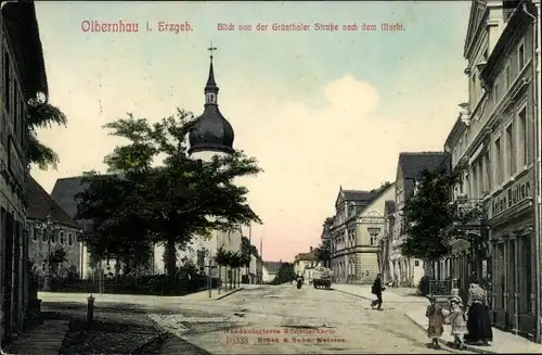 Ak Olbernhau im Erzgebirge, Blick von der Grünthaler Straße nach dem Markt
