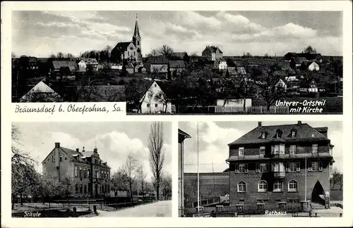 Ak Bräunsdorf Limbach Oberfrohna Sachsen, Kirche, Rathaus, Schule, Blick auf den Ort