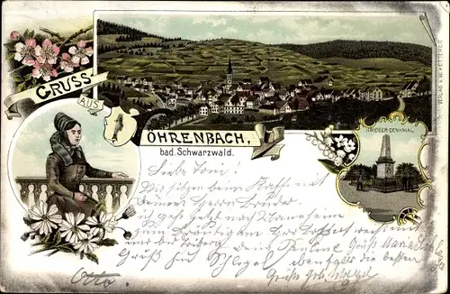 Litho Vöhrenbach im Schwarzwald Baar Kreis, Totalansicht vom Ort, Kriegerdenkmal