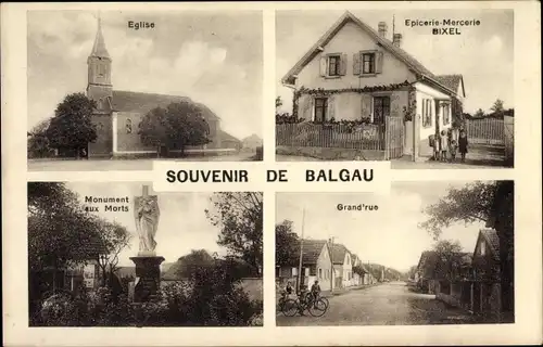 Ak Balgau Haut Rhin, Eglise, Epicerie Mercerie Bixel, Grand' rue, Monument aux Morts