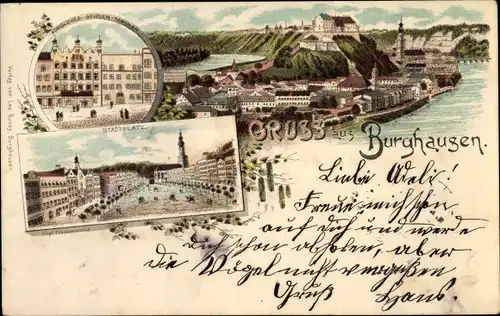 Litho Burghausen an der Salzach Bayern, Blick auf den Ort, Stadtplatz