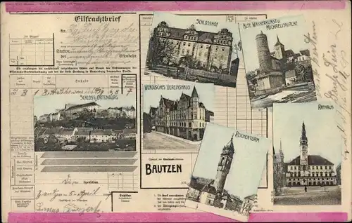 Ak Bautzen in der Oberlausitz, Eilfrachtbrief, Rathaus, Schlosshof, Wasserkunst, Michaeliskirche