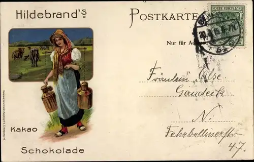 Litho Reklame, Hildebrand's Kakao, Schokolade, Frau mit Milchkannen