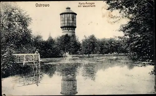 Ak Ostrów Wielkopolski Ostrow Poznań Posen, Karls Anlagen mit Wasserturm