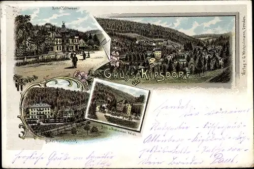 Litho Kipsdorf Altenberg im Erzgebirge, Hotel Tellkoppe, Hotel Fürstenhof, Halali