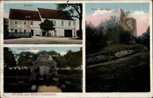 Ak Breitenbach Wetterzeube Burgenlandkreis, Kriegerdenkmal, Gasthof, Ruine Alte Kempe