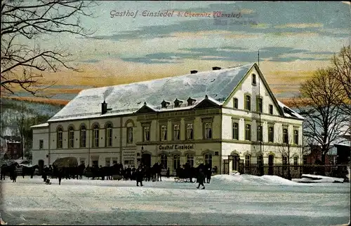 Ak Chemnitz Einsiedel, Blick zum Gasthof im Winter, Pferdeschlitten