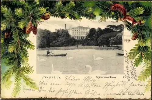 Passepartout Ak Zwickau in Sachsen, Schwanenschloss, Schwäne, Eichhörnchen, Ruderboot
