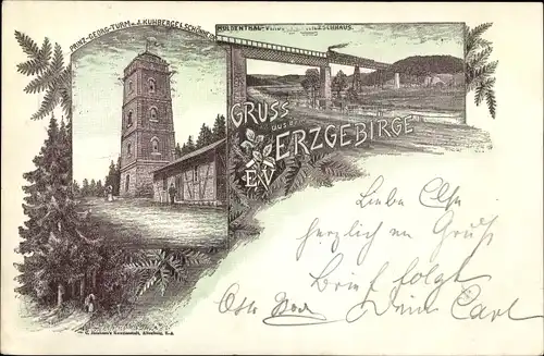 Vorläufer Litho Schönheide im Erzgebirge Sachsen, Prinz Georg Turm, Muldentalviadukt, 1895