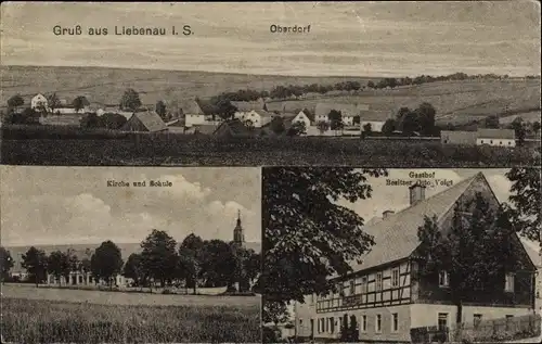 Ak Liebenau Geising Altenberg Erzgebirge, Gruß aus Liebenau, Oberdorf, Kirche, Gasthof O. Voigt