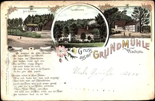 Litho Wachau Sachsen, Gruß aus der Grundmühle, Alte Scheune, Gartenhaus