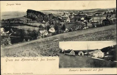 Ak Hennersdorf Dippoldiswalde im Erzgebirge, Kempe's Restaurant und Bad, Jungvieh Weide, Panorama