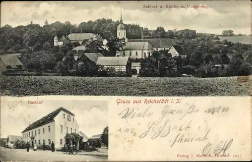 Ak Reichstädt Dippoldiswalde im Erzgebirge, Schloss, Kirche, Panorama, Gasthof