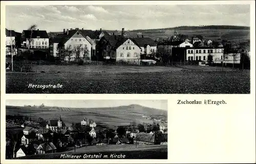 Ak Zschorlau Erzgebirge, Mittlerer Ortsteil, Kirche, Herzogstraße