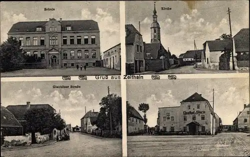 Ak Zeithain in Sachsen, Schule, Kirche, Glaubitzer Straße, Gasthof Stern