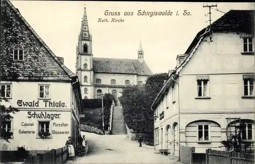 Ak Schirgiswalde Kirschau in der Lausitz, Katholische Kirche, Schuhhandlung