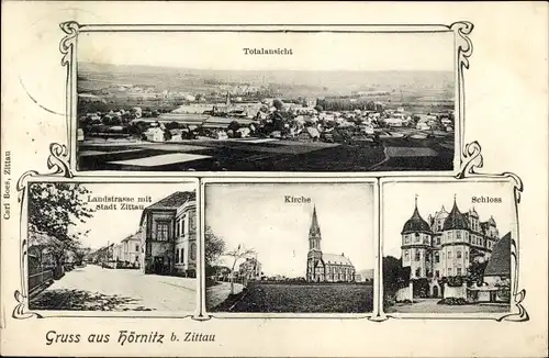 Ak Bertsdorf Hörnitz Oberlausitz, Totale Hörnitz, Landstraße, Hotel Stadt Zittau, Kirche, Schloss