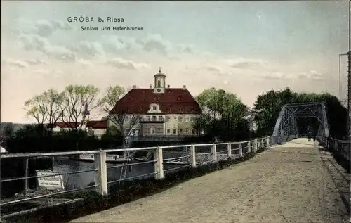 Ak Gröba Riesa an der Elbe Sachen, Schloss, Hafenbrücke