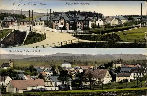 Ak Großharthau in Sachsen, Straßenpartie Neuer Bahnübergang, Aussicht nach dem Schloss