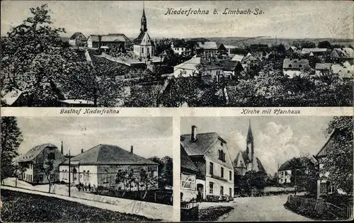 Ak Niederfrohna in Sachsen, Gesamtansicht, Gasthof, Kirche mit Pfarrhaus