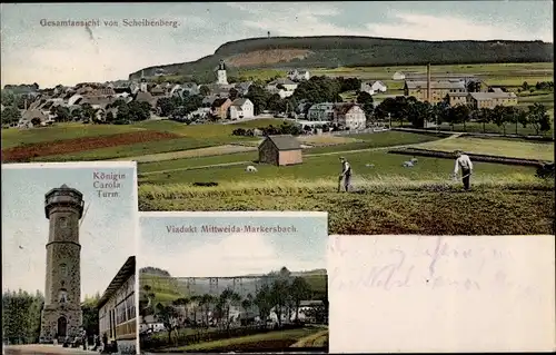 Ak Scheibenberg im Erzgebirge, Königin Carola Turm, Viadukt Mittweida Markersbach, Totalansicht