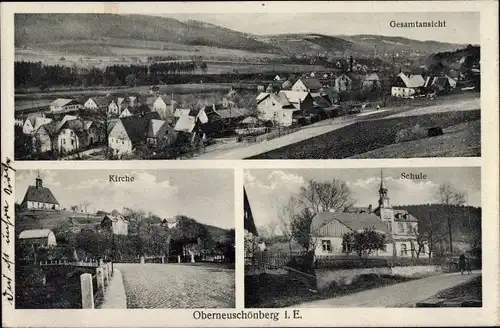 Ak Oberneuschönberg Olbernhau im Erzgebirge, Gesamtansicht vom Ort, Kirche, Schule