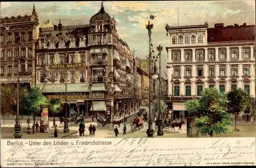 Litho Berlin Mitte, Unter den Linden und Friedrichstraße, Hotel Bauer, Tram