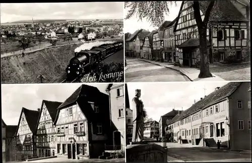 Ak Buchen im Neckar Odenwald Kreis, Dampflok, Fachwerkhäuser, Denkmal