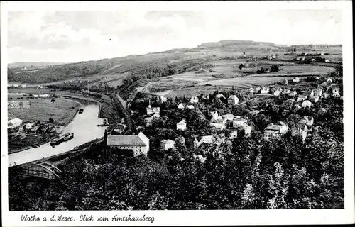 Ak Vlotho in Nordrhein Westfalen, Blick v. Amtshausberg, Panorama, Fluss, Frachter