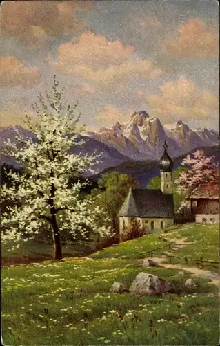 Künstler Ak Hoy, W., Motiv aus Bayern, Landschaft, Kirche, Gebirge