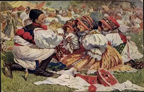 Künstler Ak Uprka, Joza, Personen in tschechischen Trachten