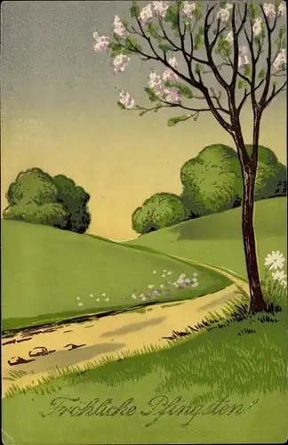 Ak Glückwunsch Pfingsten, Landschaft mit Blütenbaum