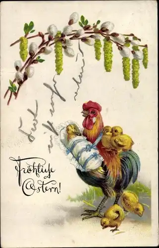 Ak Glückwunsch Ostern, Hahn mit Küken, Weidenkätzchen