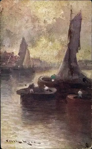 Künstler Ak Evening Glow, Boote auf dem Wasser