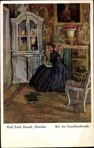 Künstler Ak Dorsch, Ferd., Bei der Familienchronik, lesende Frau